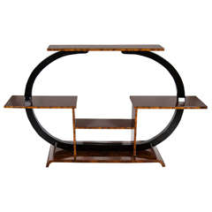 Exquisite Art Deco Etagere In Book-Matched Walnut & Black Lacquer