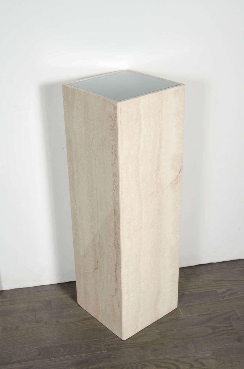 This illuminated travertine Marble pedestal / column features a inset frosted glass top and it is Ideal for displaying glass or sculpture.