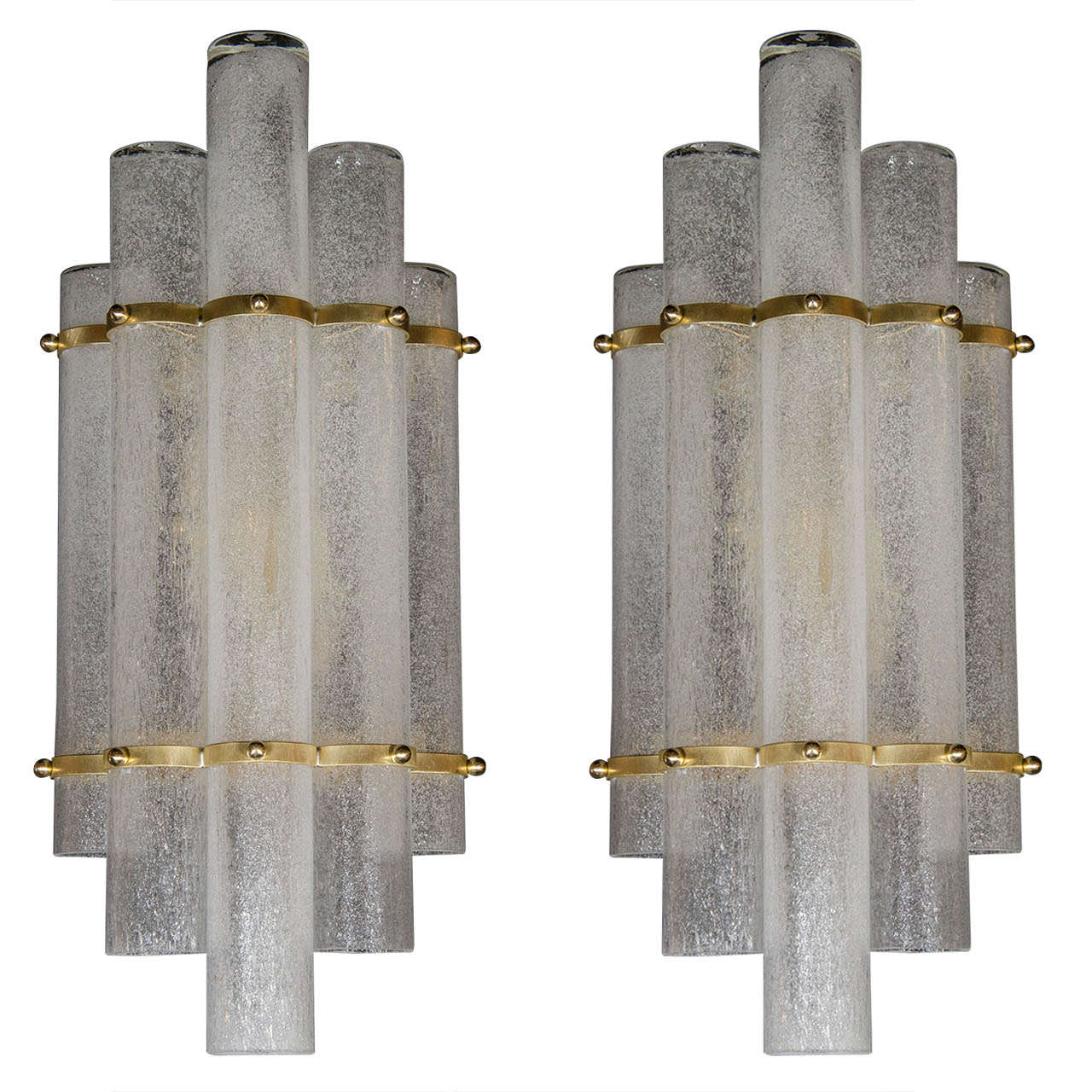 Pair of Modernist Handblown Murano Glass "Pulegoso" Sconces w/ Brass Fittings