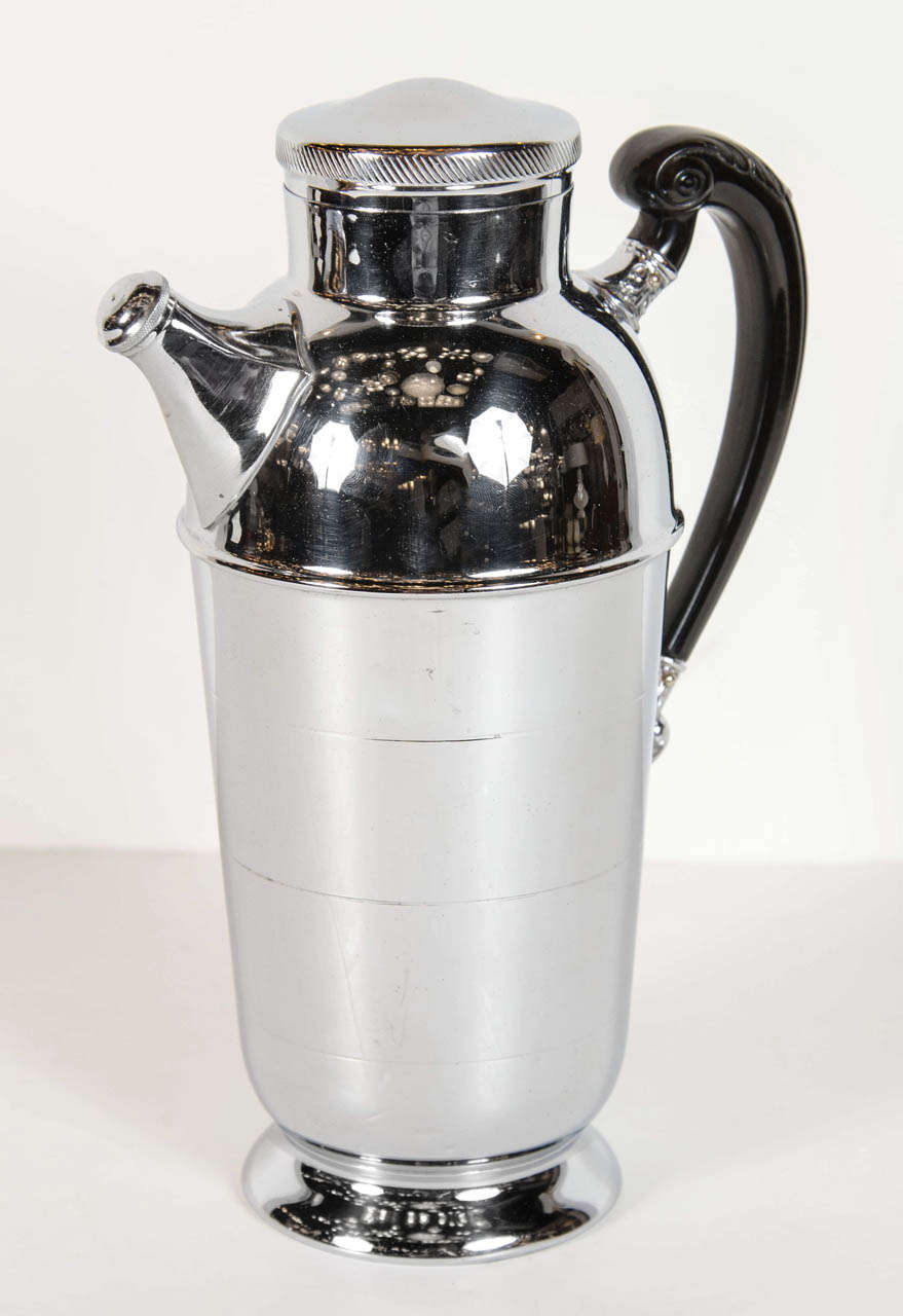 Machine Age Art Deco Chrome Cocktail Shaker with Scrolled Black Bakelite Handle