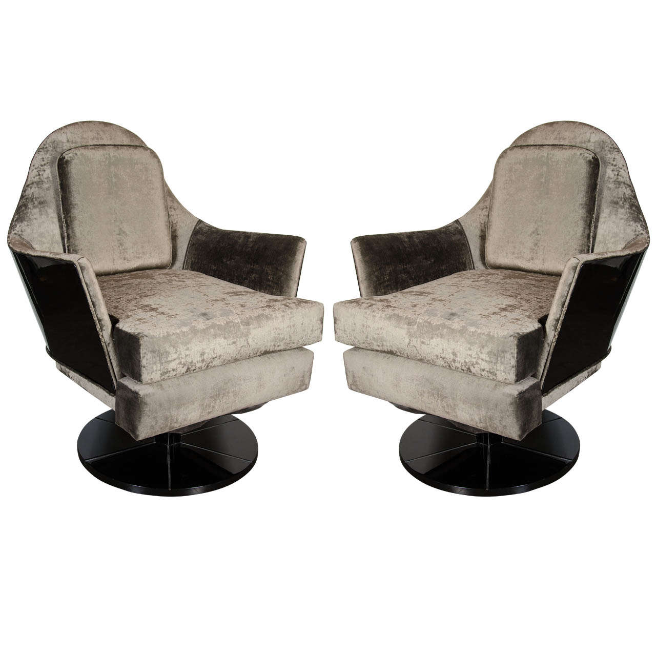 Pair of Mid-Century Modernist Swivel / Rocker Arm Chairs in Ebonized Walnut