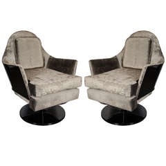 Vintage Pair of Mid-Century Modernist Swivel / Rocker Arm Chairs in Ebonized Walnut