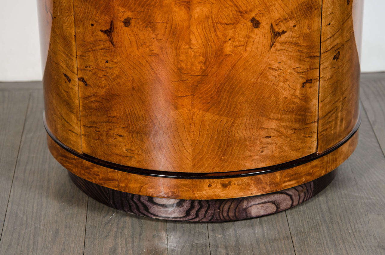 American Art Deco Drum Style Occasional Table in Book-Matched Burled Carpathian Elm