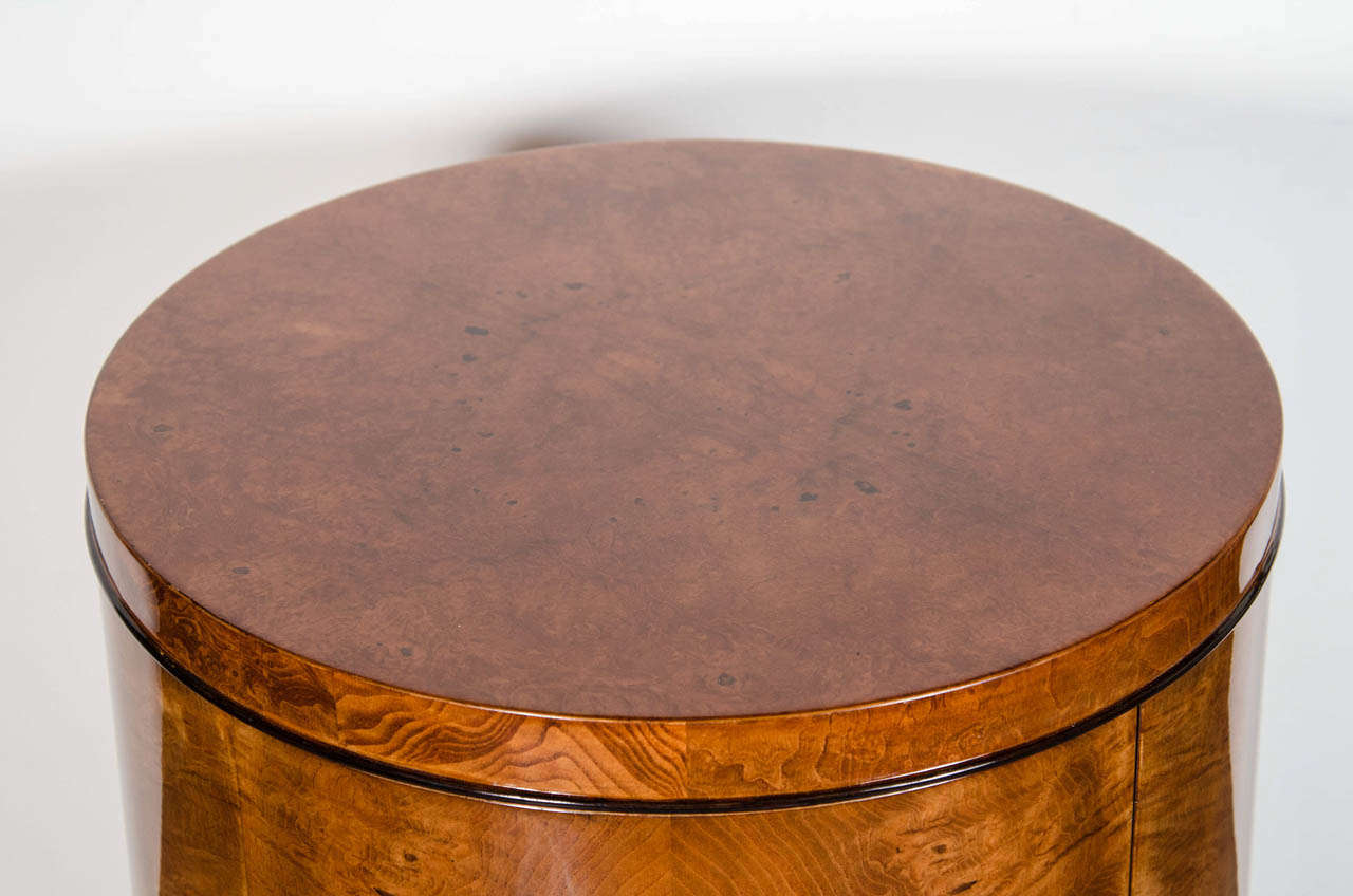 Art Deco Drum Style Occasional Table in Book-Matched Burled Carpathian Elm In Excellent Condition In New York, NY