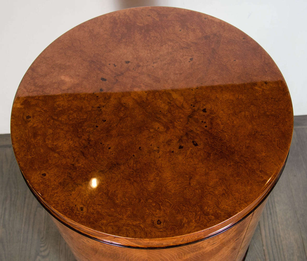 20th Century Art Deco Drum Style Occasional Table in Book-Matched Burled Carpathian Elm