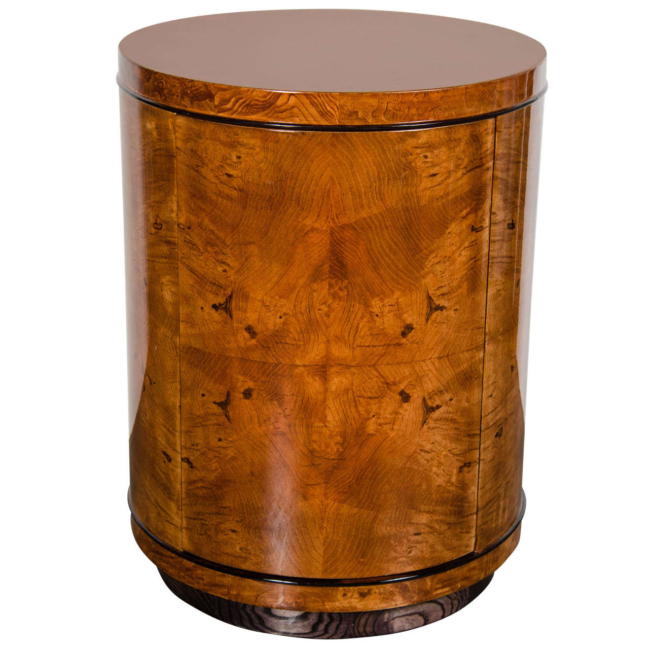 Art Deco Drum Style Occasional Table in Book-Matched Burled Carpathian Elm