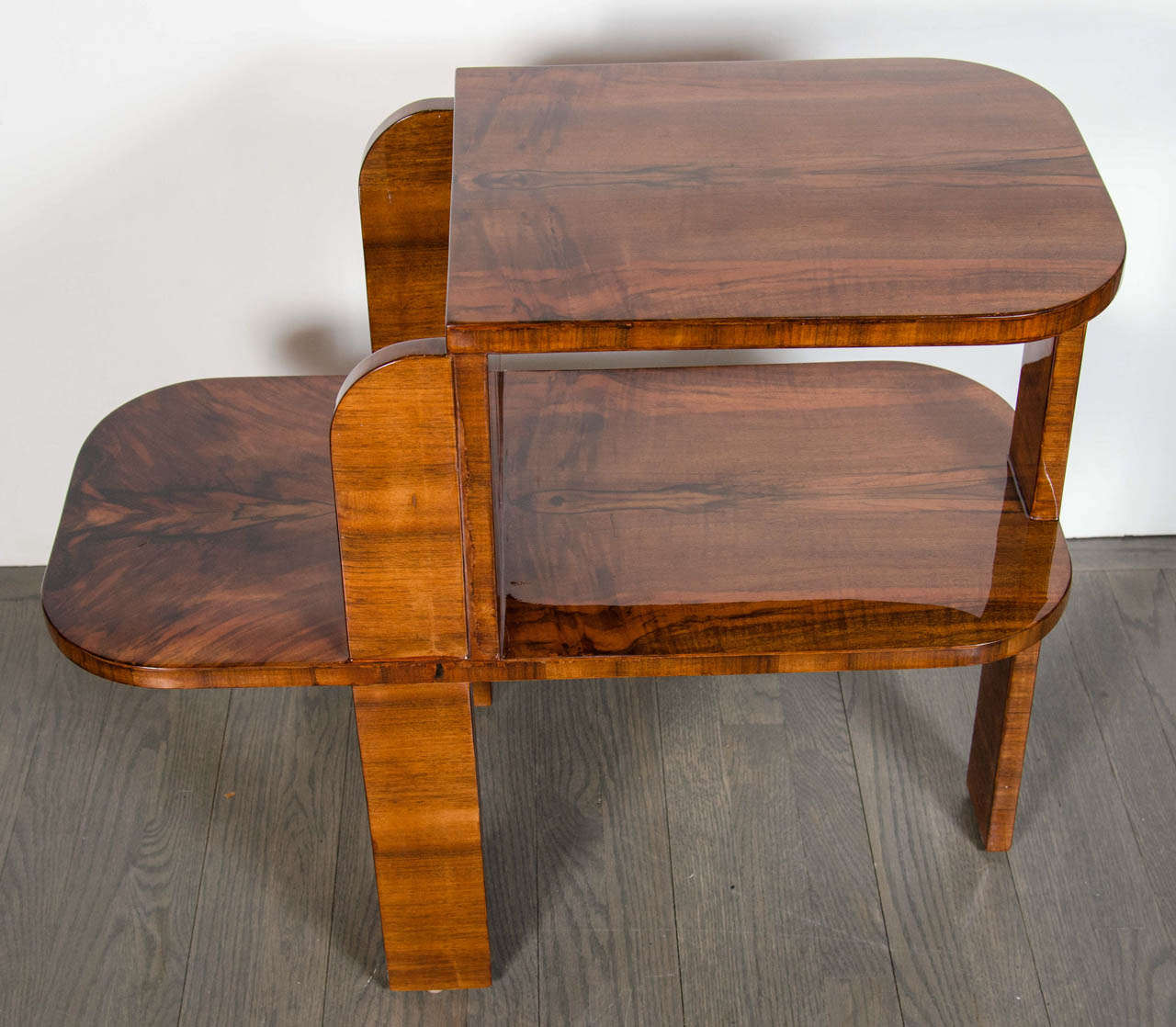 Art Deco Machine Age, Two-Tier Bullet Side Table in Exotic Burled Walnut In Excellent Condition In New York, NY