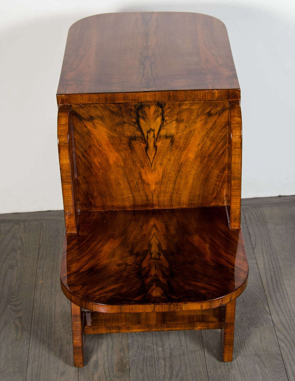 Mid-20th Century Art Deco Machine Age, Two-Tier Bullet Side Table in Exotic Burled Walnut