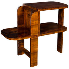Art Deco Machine Age, Two-Tier Bullet Side Table in Exotic Burled Walnut