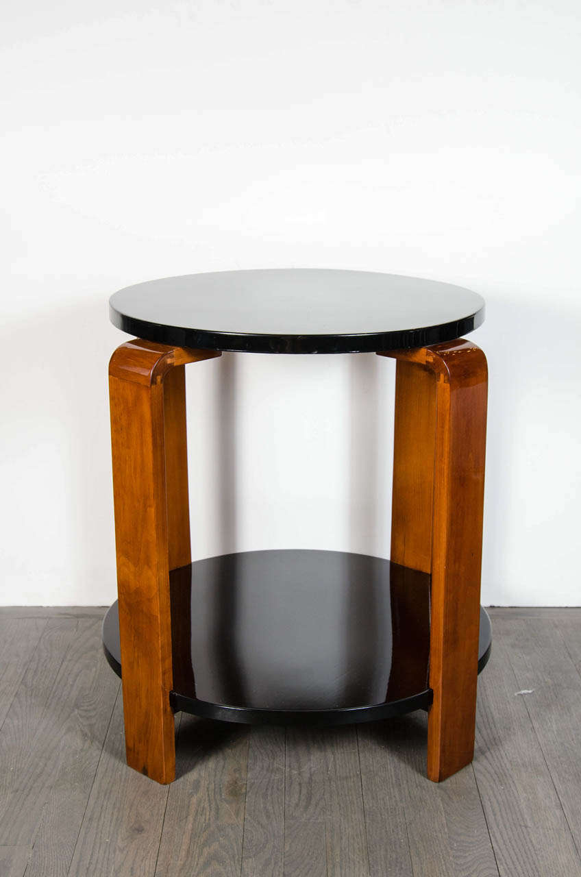 American Art Deco Streamline Two-Tier Occasional Table in Black Lacquer and Walnut