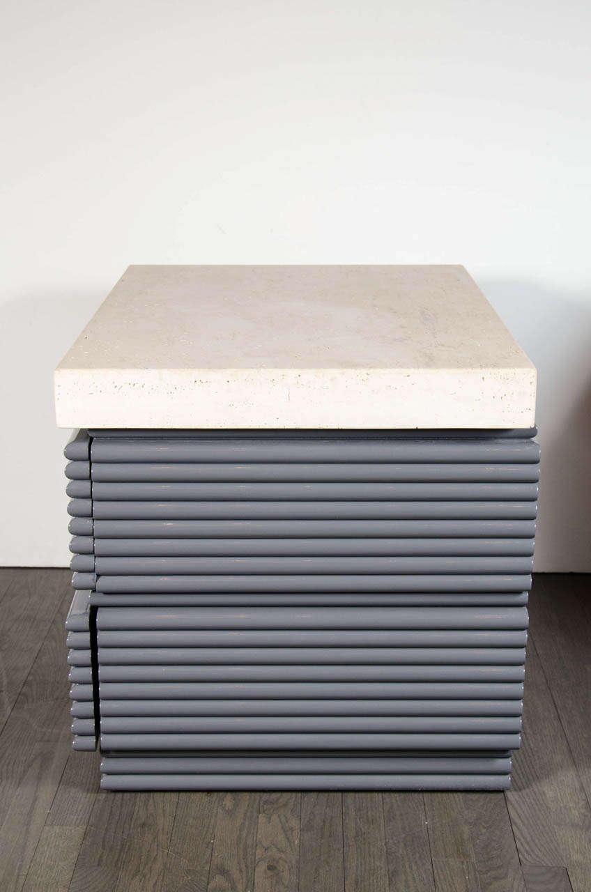 Ultra Chic Pair of Mid-Century Modernist Side Tables / Nightstands with Sienna Travertine Marble Top 3