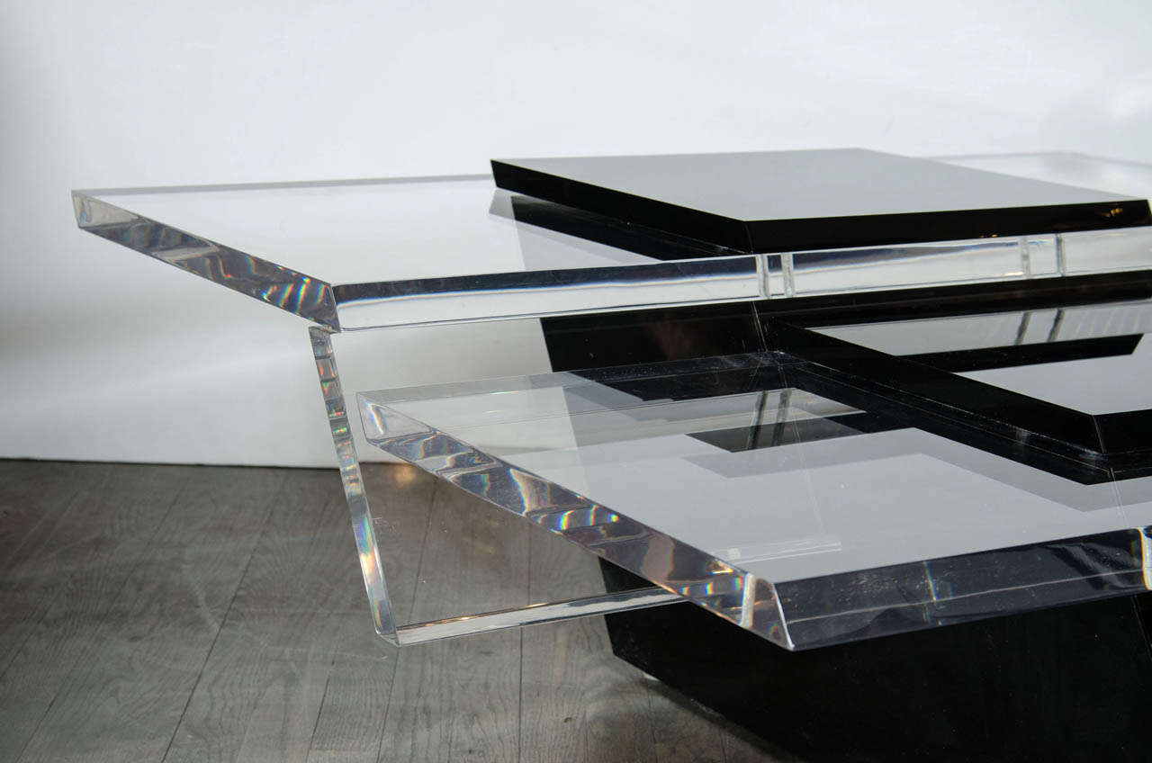 Mid-Century Modern Ultra Chic Black and Clear Cantilever Thick Lucite Cocktail Table