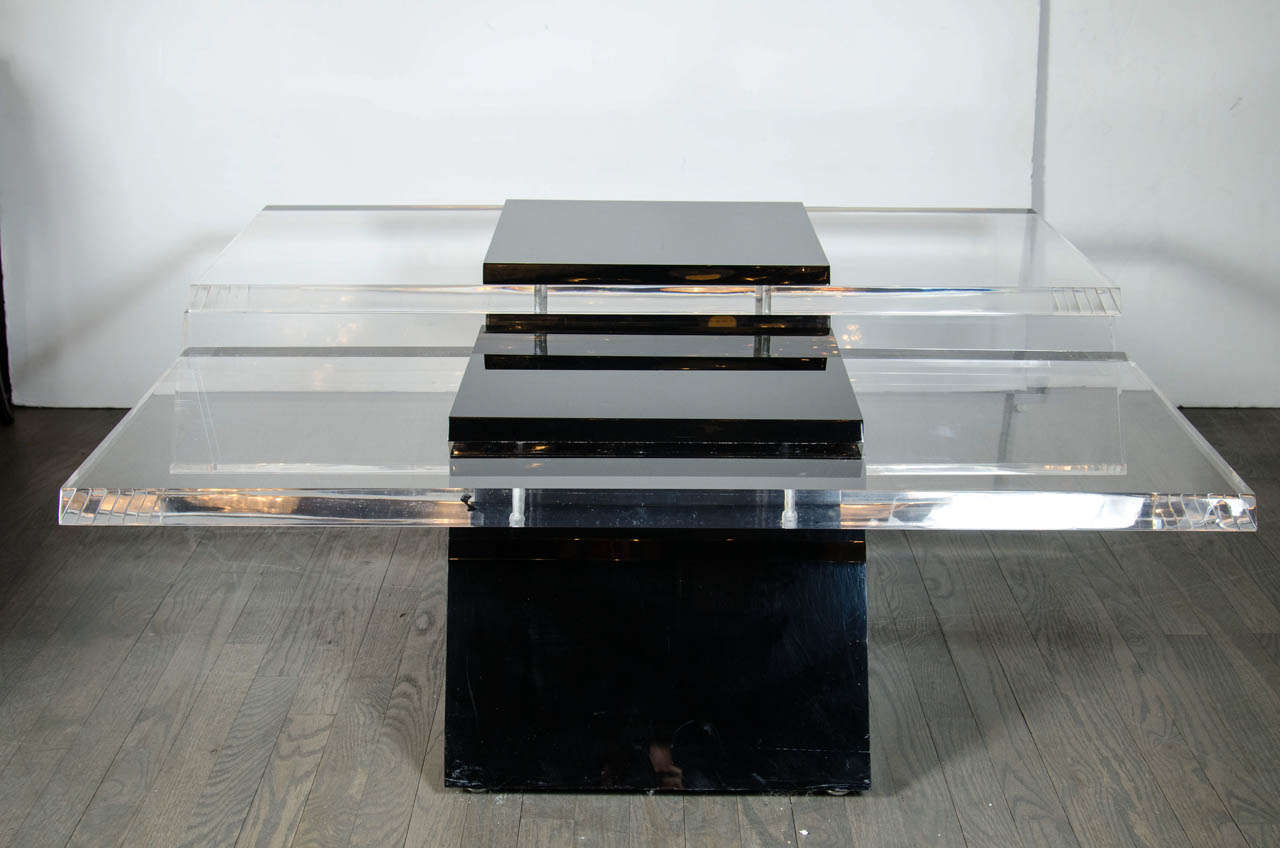 American Ultra Chic Black and Clear Cantilever Thick Lucite Cocktail Table