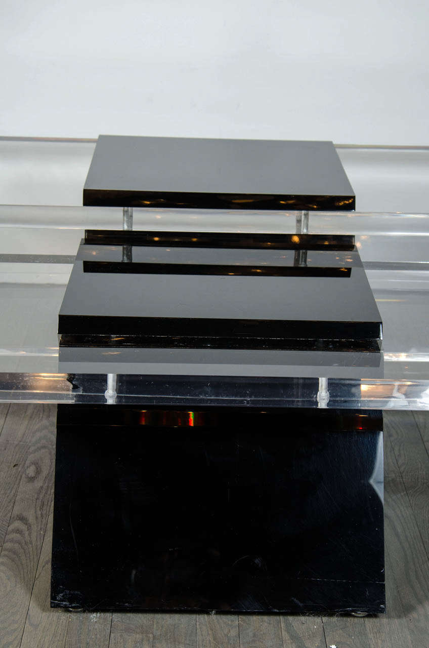 Ultra Chic Black and Clear Cantilever Thick Lucite Cocktail Table In Excellent Condition In New York, NY
