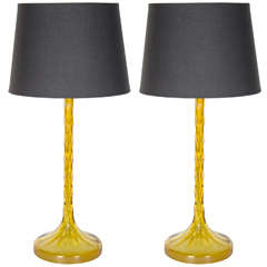 Pair of 1940's Amber Crystal Table Lamps with a Stylized Feathered Design