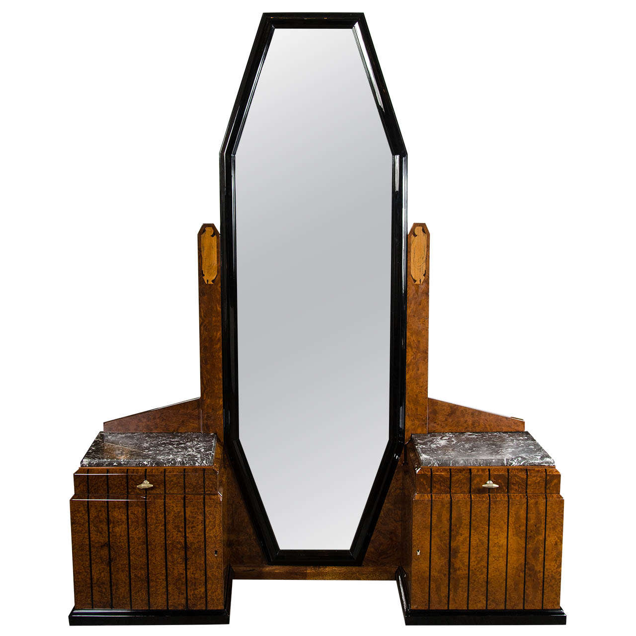 Stunning Art Deco Floor-Standing Vanity/Dressing Mirror in Burled Elm and Marble