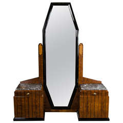 Stunning Art Deco Floor-Standing Vanity/Dressing Mirror in Burled Elm and Marble