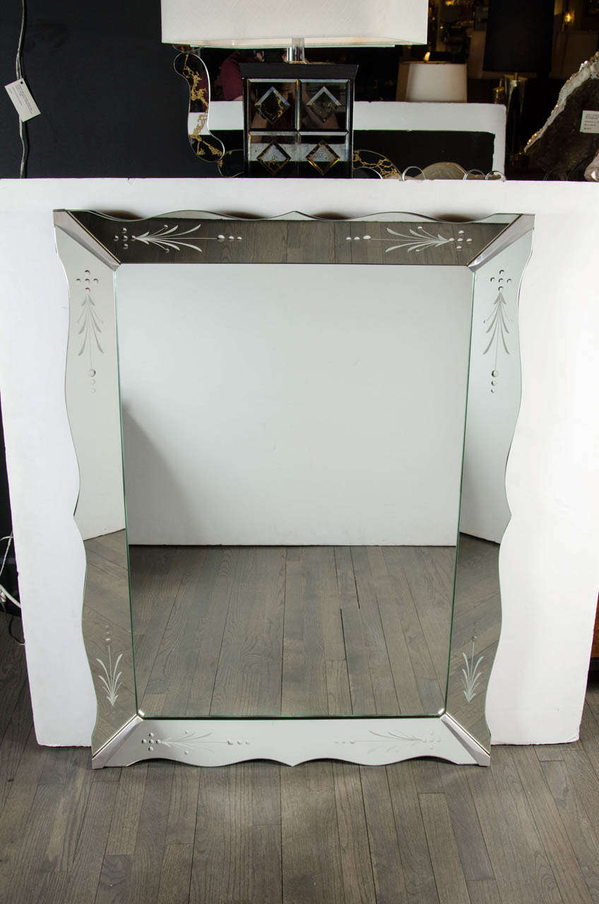 Art Deco Framed Mirror with Reversed Etching and Beveled Detailing at 1stDibs