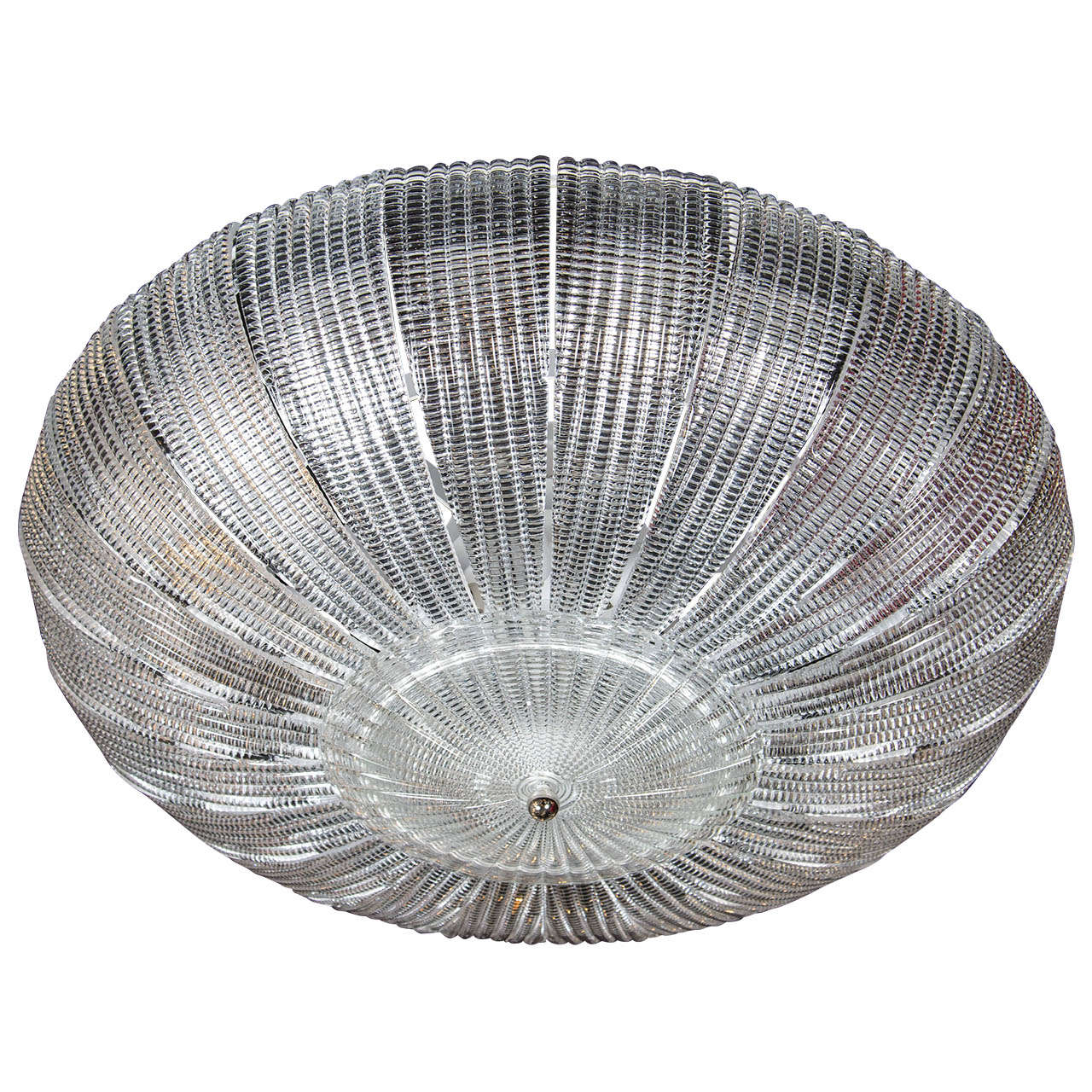 Modernist Brass Handblown Murano Glass 8 Arm Flush Mount Chandelier For Sale at