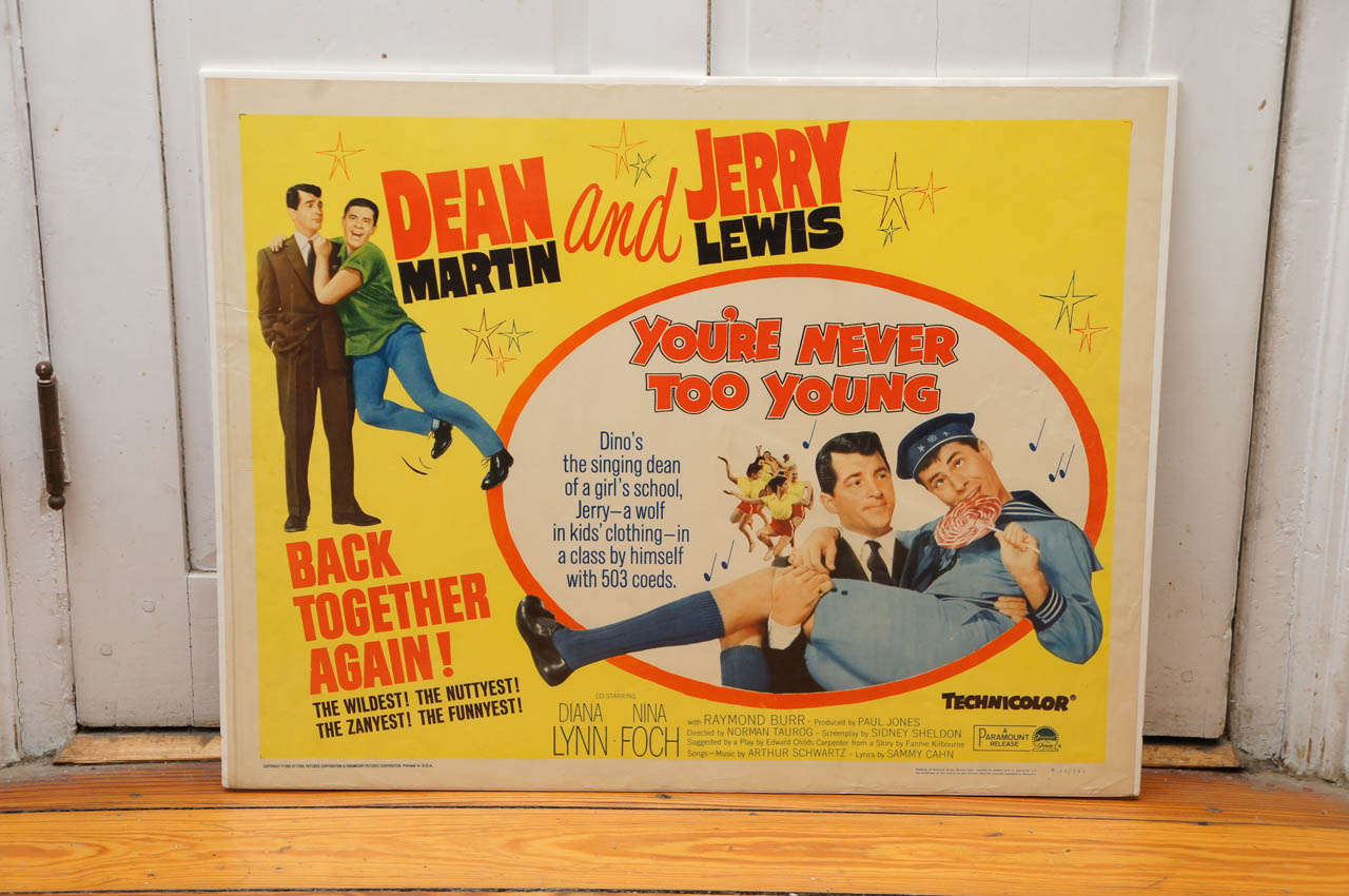 Dean Martin and Jerry Lewis 1955 lobby card/poster for the comedy "You're Never Too Young" Copyright 1955 by York Picture Corporation & 
Paramount Pictures Corporation.