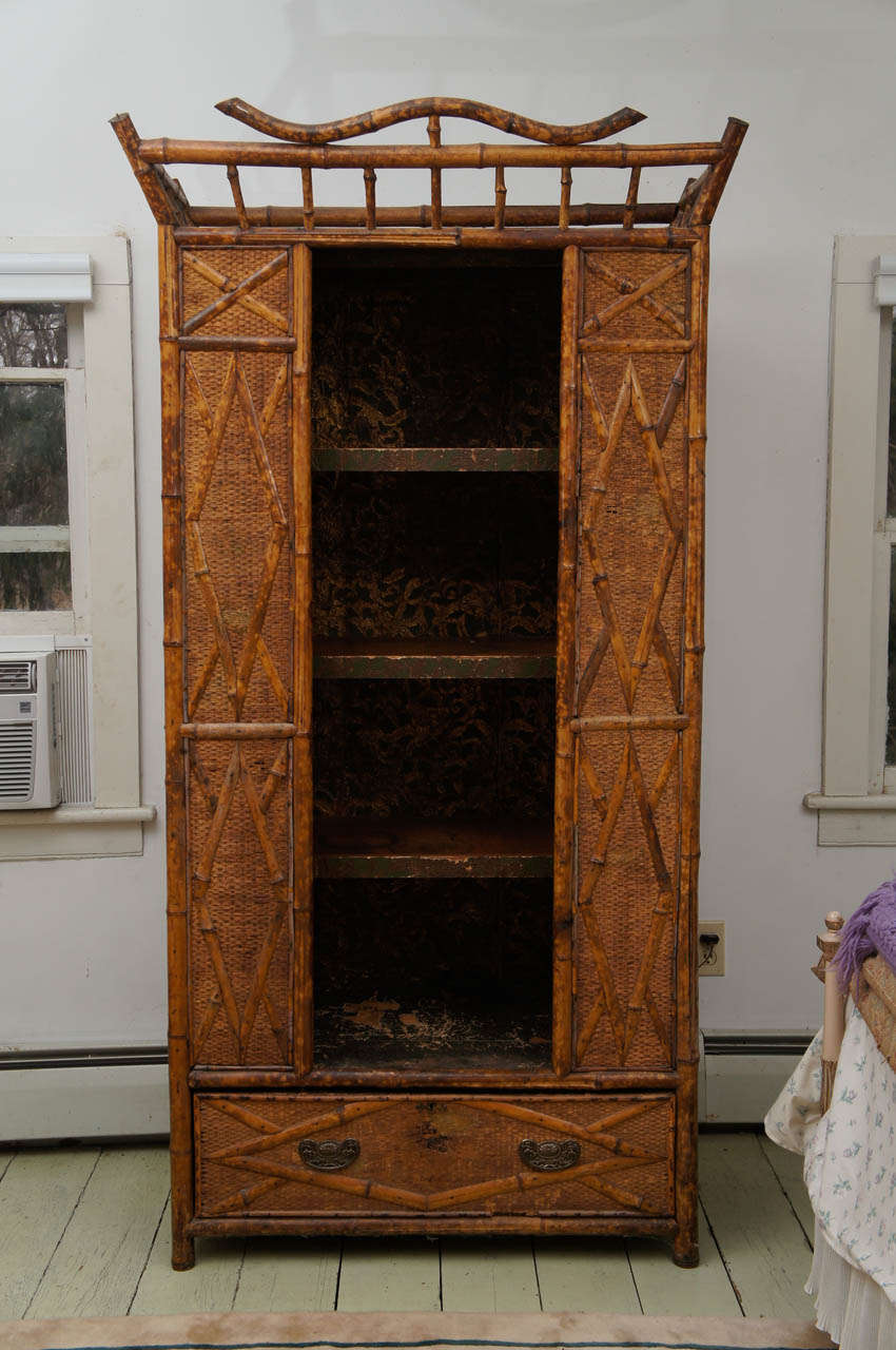 Bamboo and Seagrass 19th Century Victorian Armoire with Open Shelves