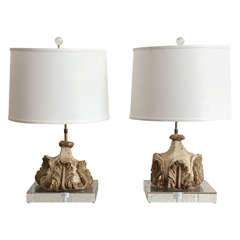 18th Century Wood Carved Alter Elements made into Lamps Mounted on a Lucite Base