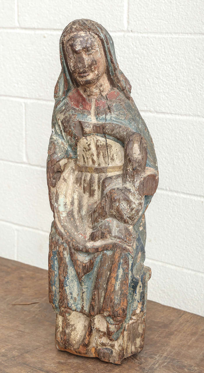 17th century or earlier, French early statue with original polychrome of Mary with child.