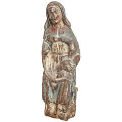 French Early Statue with Original Polychrome of Mary with Child