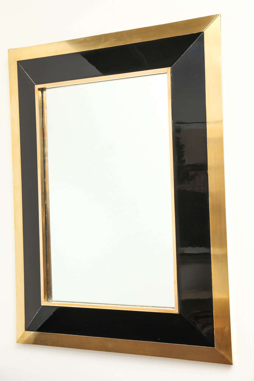 Rectangular Brass and Black Lacquer Wall Mirror, French, 1970s