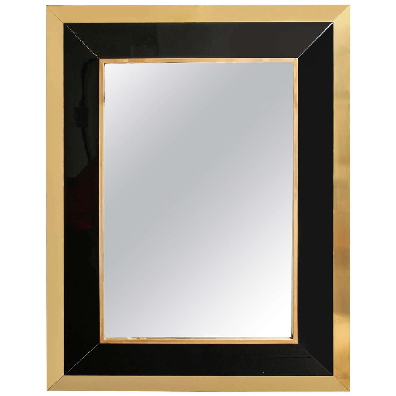 Rectangular Brass and Black Lacquer Wall Mirror, French, 1970s For Sale
