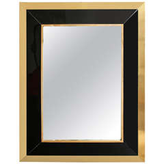 Rectangular Brass and Black Lacquer Wall Mirror, French, 1970s
