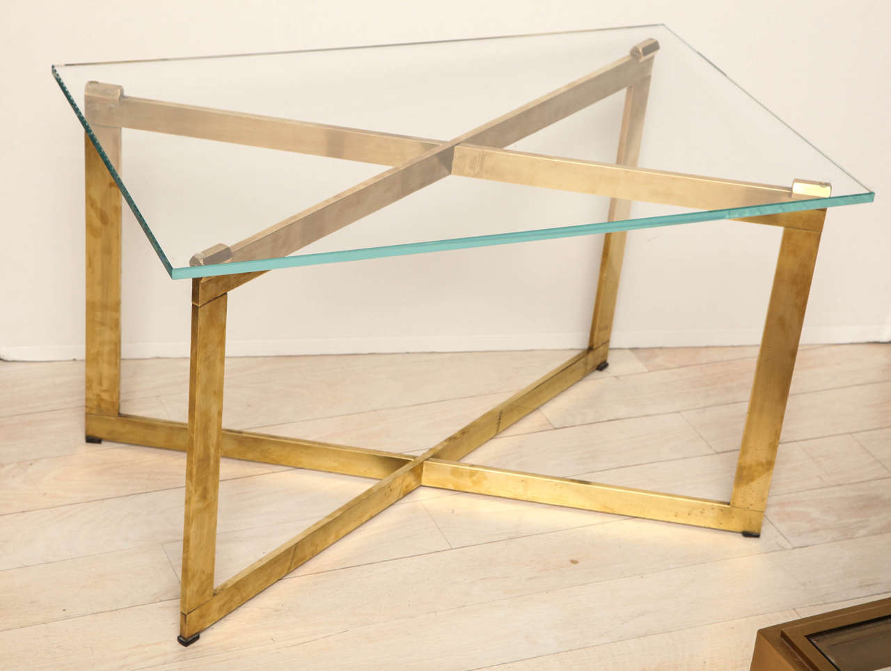 Brass X-Form Side Table with Glass Top, French, 1940s In Excellent Condition For Sale In New York, NY