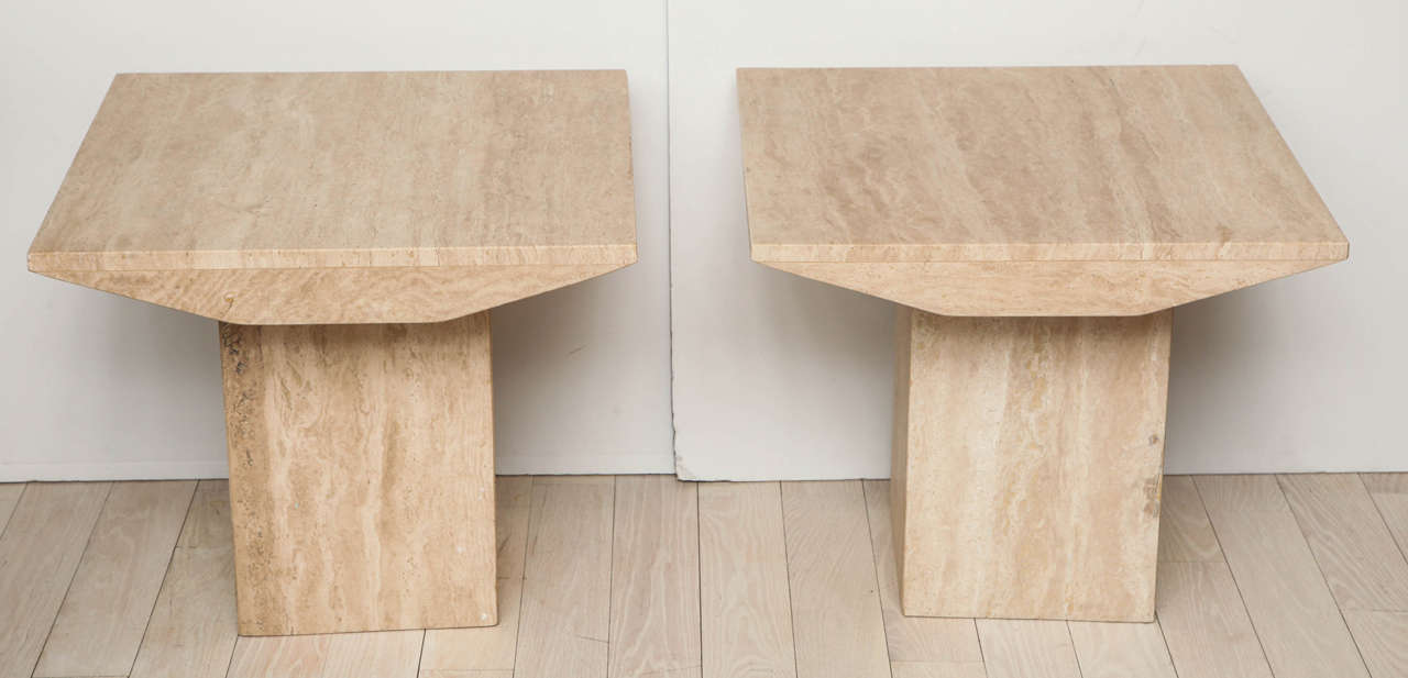 Pair of Square Travertine Side Tables with Shaped Aprons, Belgian, 1970s