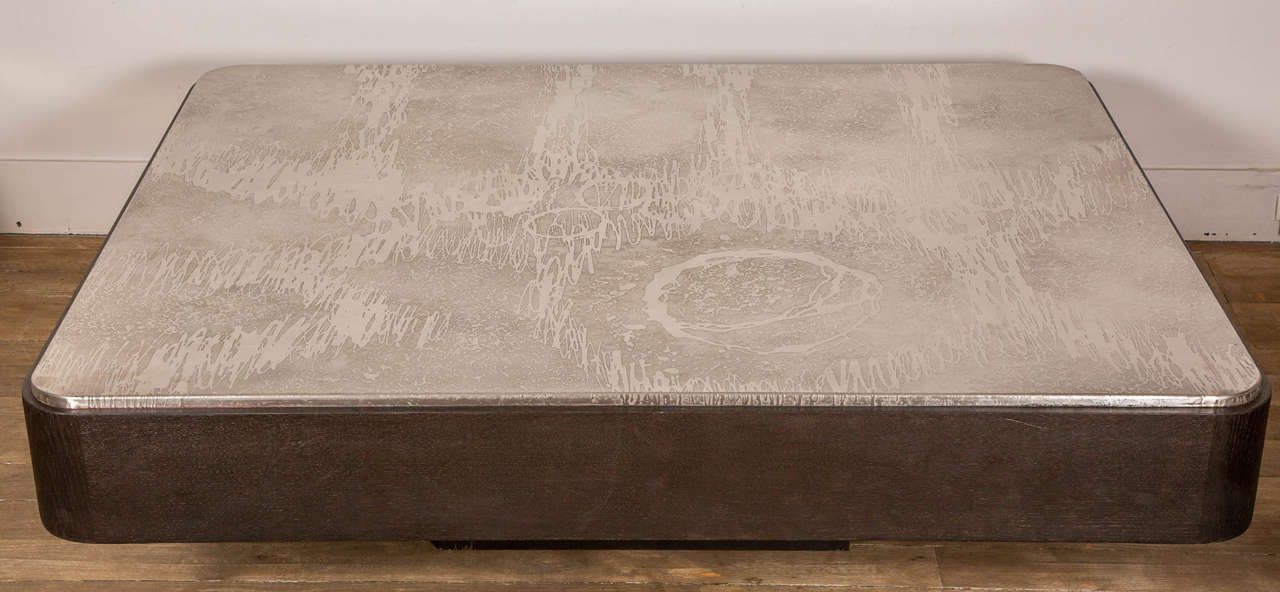 Mid-Century Modern Large Etched Steel-Top Coffee Table, Belgium 1970