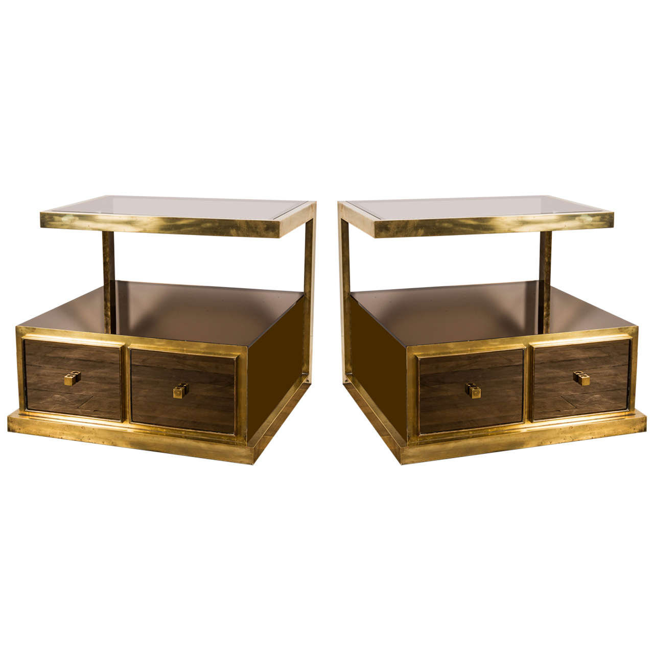 Pair of Bronze and Mirrored Nightstands by Michel Pigneres, 1970