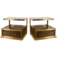 Pair of Bronze and Mirrored Nightstands by Michel Pigneres, 1970