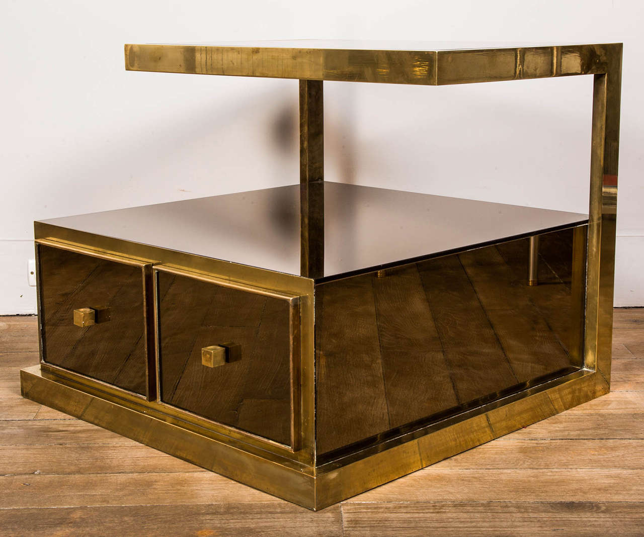 French Pair of Bronze and Mirrored Nightstands by Michel Pigneres, 1970
