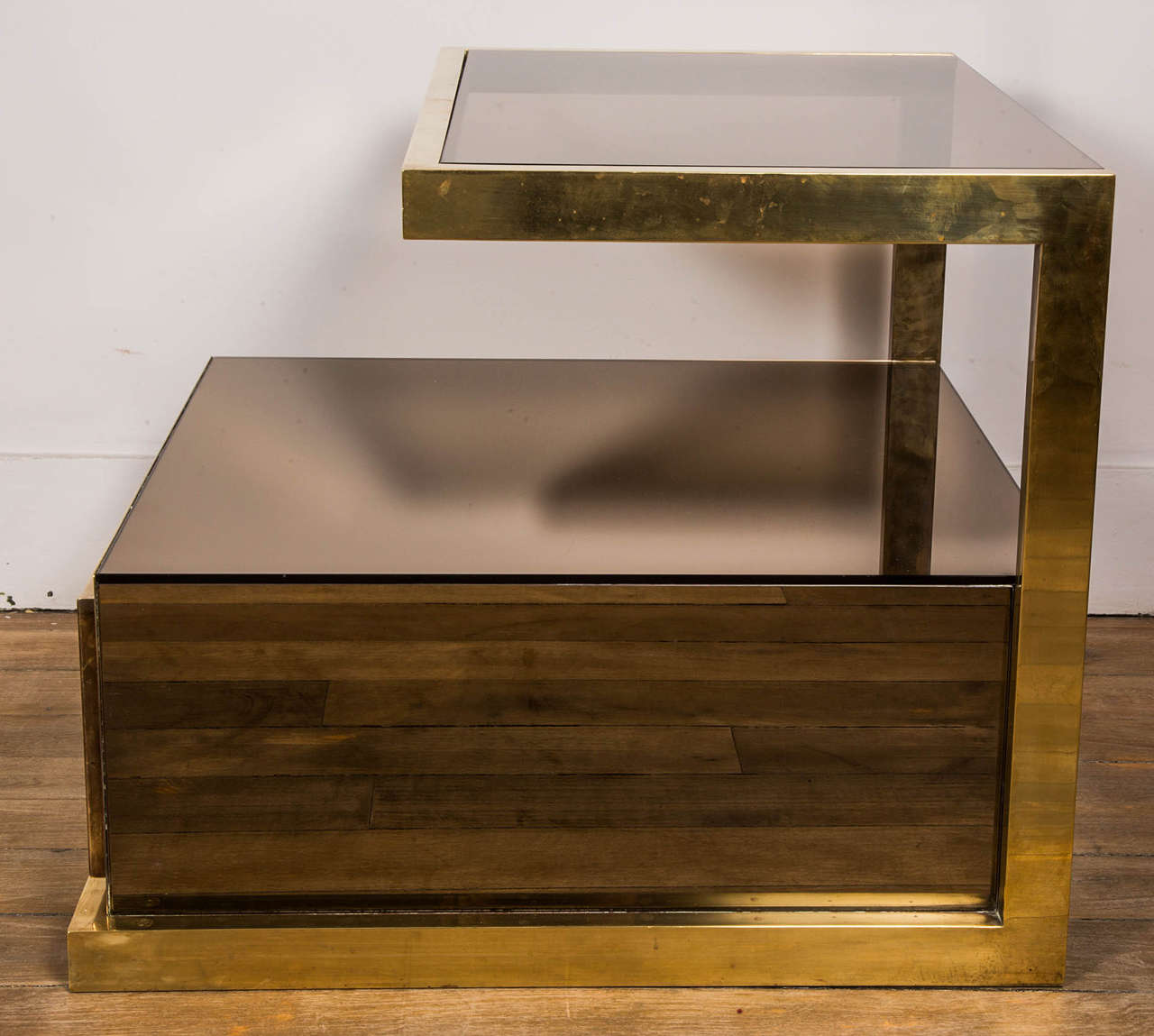 Mid-20th Century Pair of Bronze and Mirrored Nightstands by Michel Pigneres, 1970