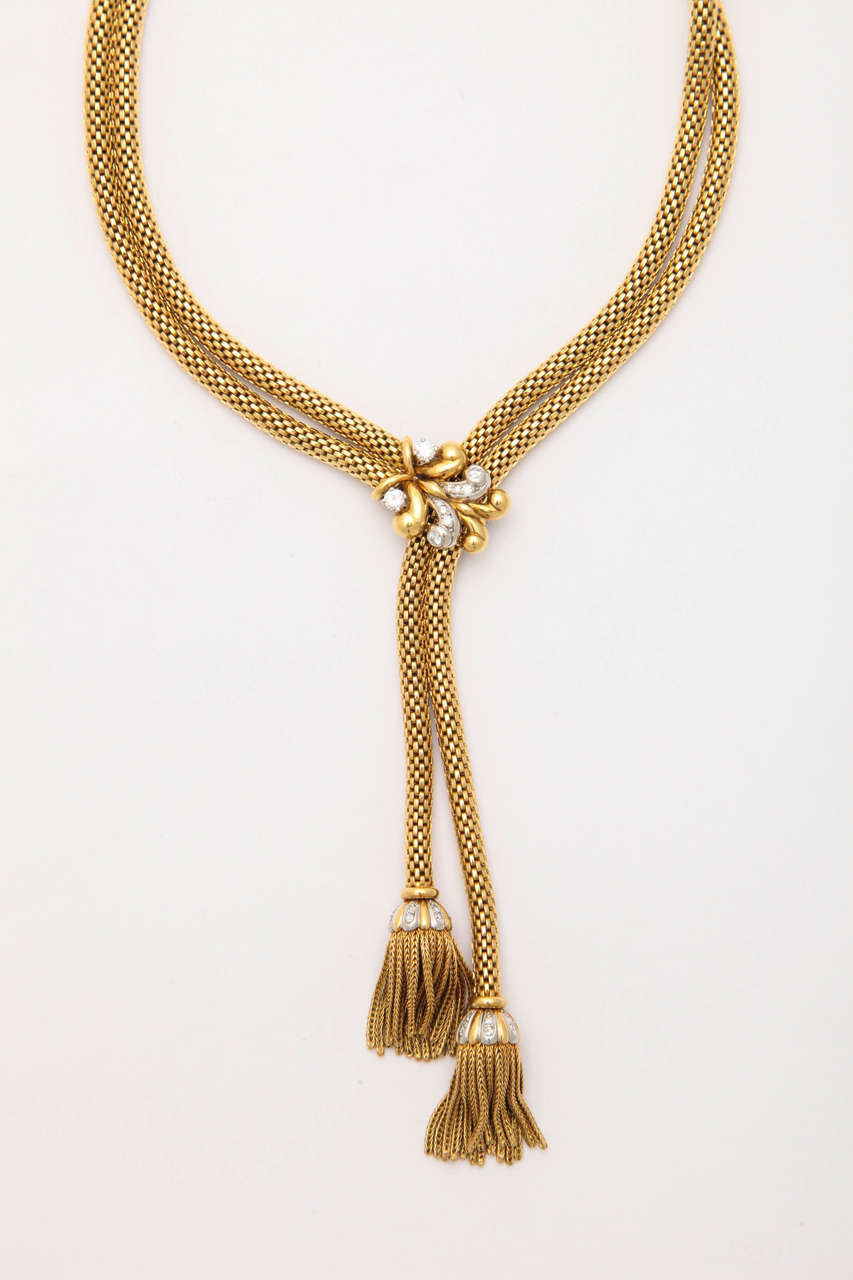 Hollywood Regency Retro Woven 18-Karat Gold Double Rope Necklace with Diamond Clip and Fringe