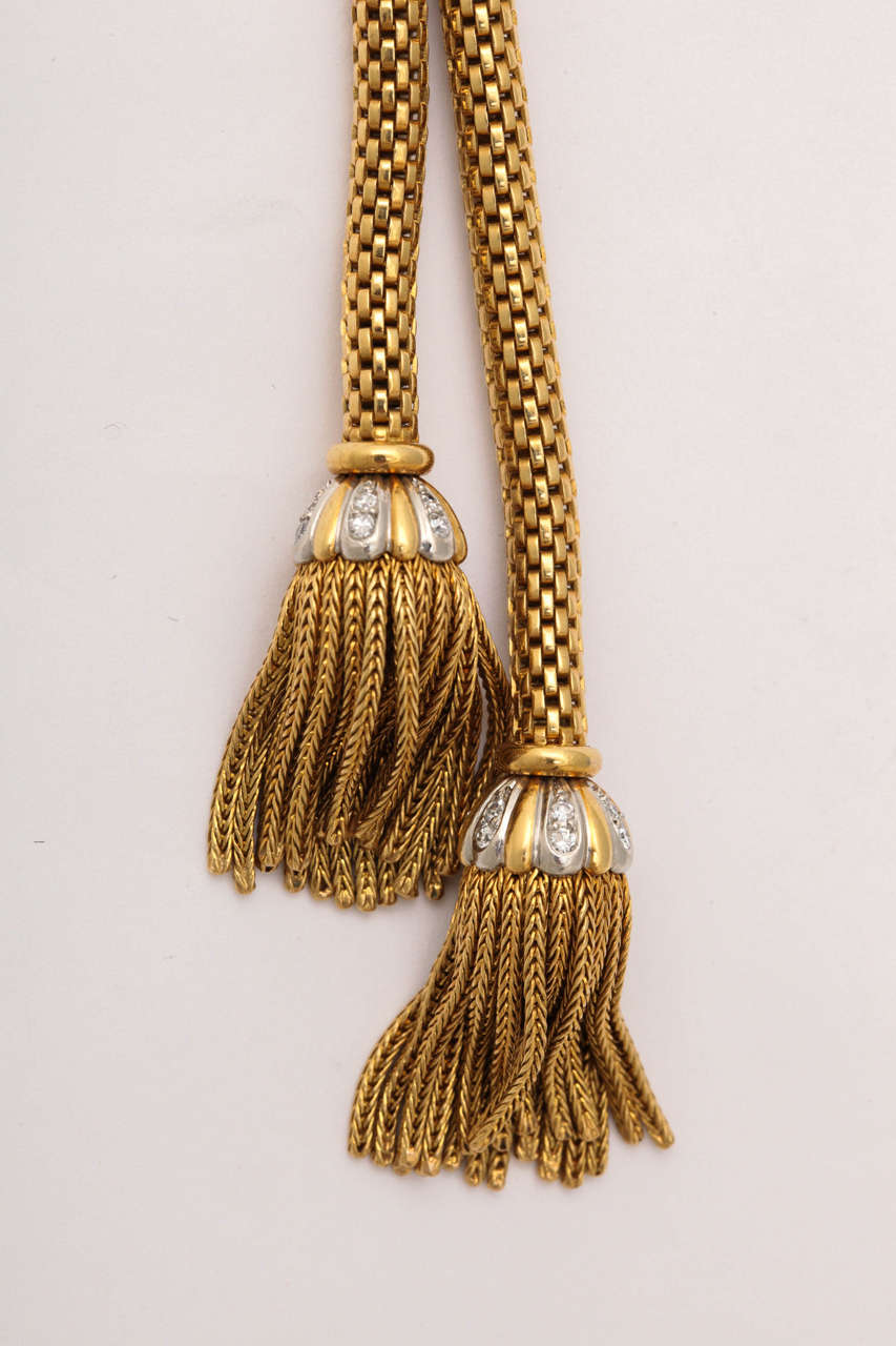 Retro Woven 18-Karat Gold Double Rope Necklace with Diamond Clip and Fringe In Excellent Condition In New York, NY