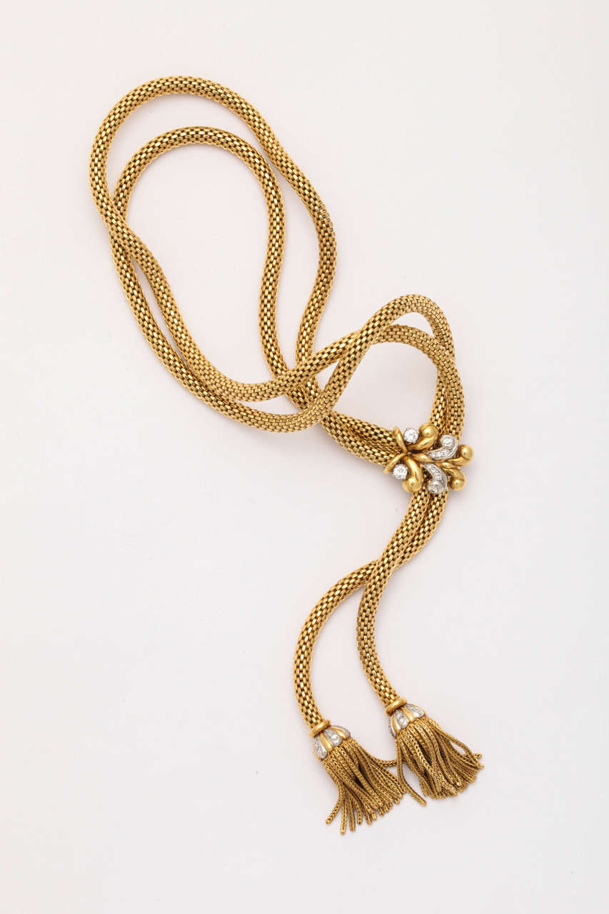 Retro Woven 18-Karat Gold Double Rope Necklace with Diamond Clip and Fringe 1