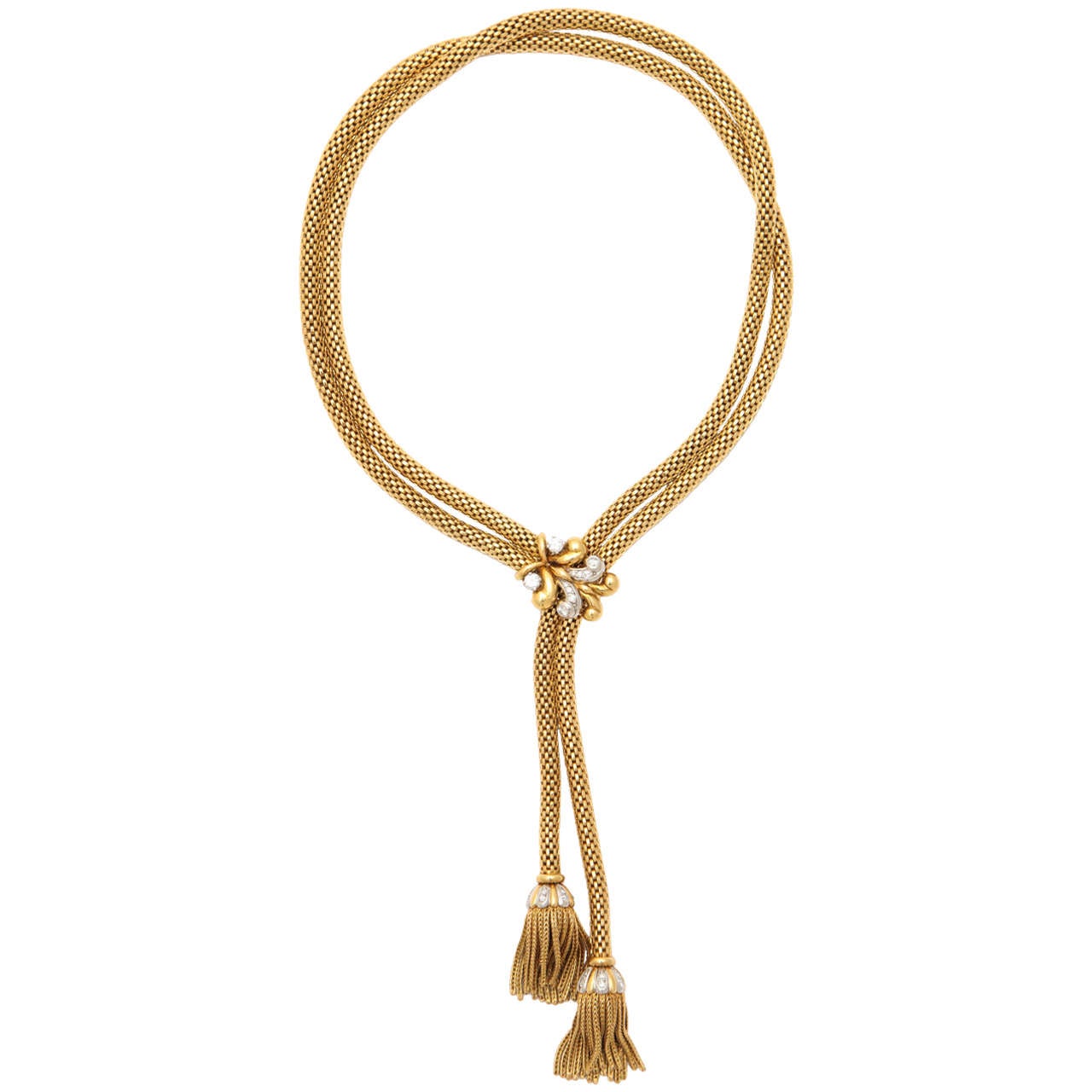 Retro Woven 18-Karat Gold Double Rope Necklace with Diamond Clip and Fringe