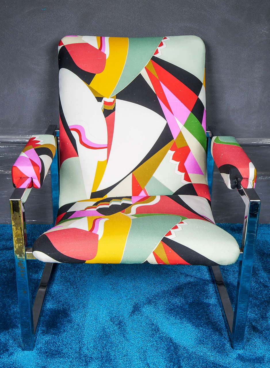 Pair of chromed steel armchairs, newly reupholstered in Futurist print silk shantung.