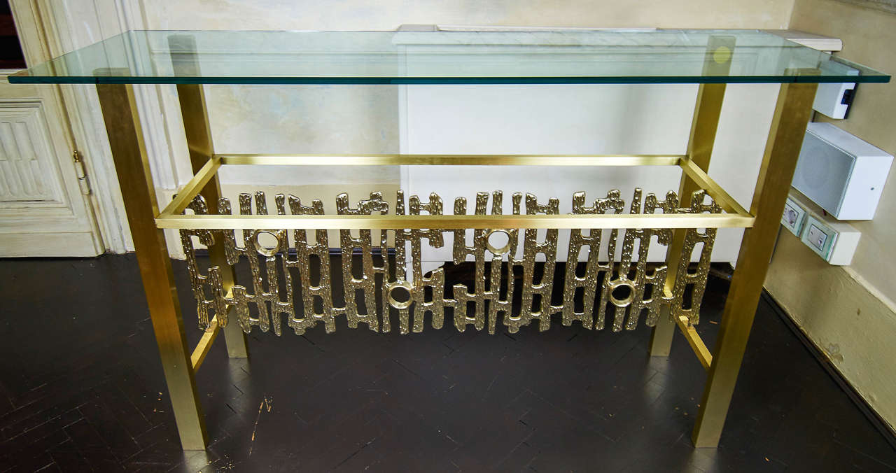Natural brass structure, crystal glass top.