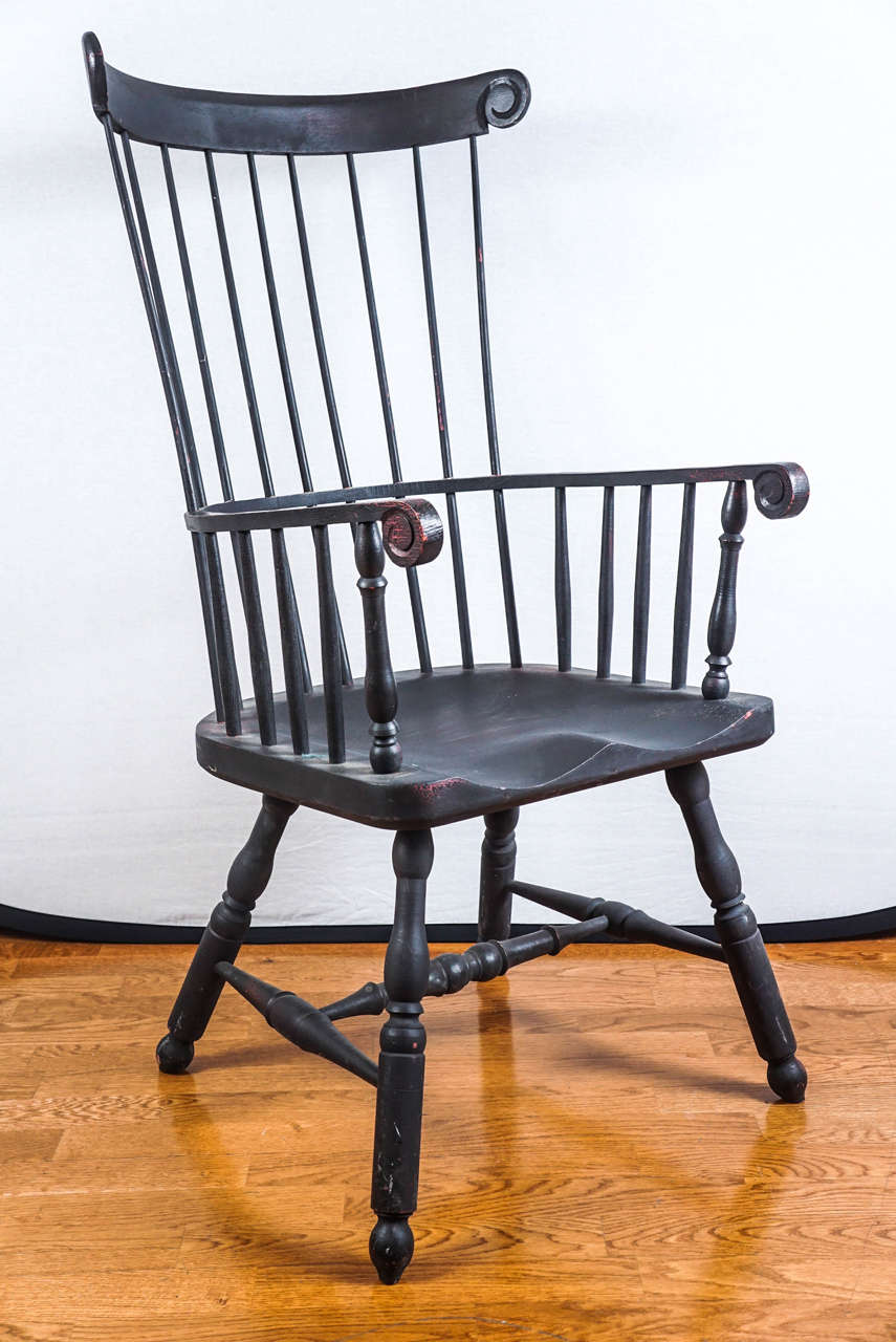 Black painted, high-back Windsor chair.
Included, hand quilted Amish seat cushion.