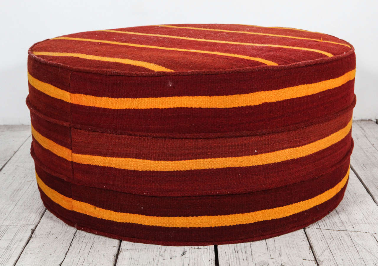 Round Hassock Ottoman Upholstered in Vintage Striped Kilim Rug In Good Condition In Los Angeles, CA