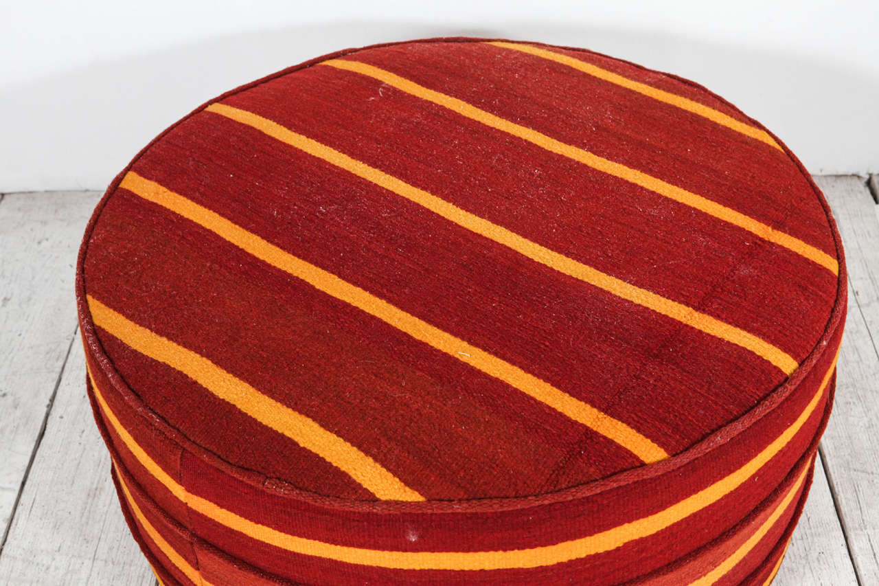 20th Century Round Hassock Ottoman Upholstered in Vintage Striped Kilim Rug