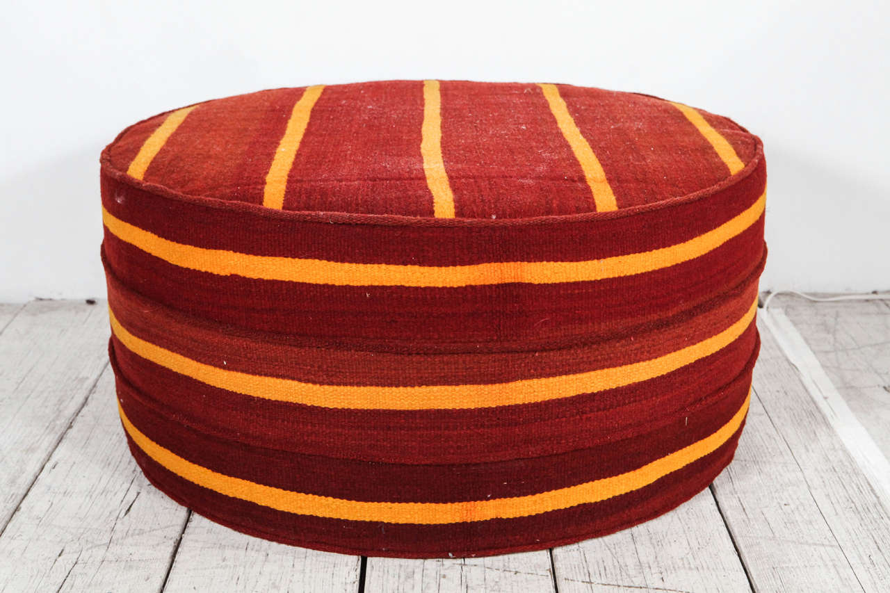 Round Hassock Ottoman Upholstered in Vintage Striped Kilim Rug 1