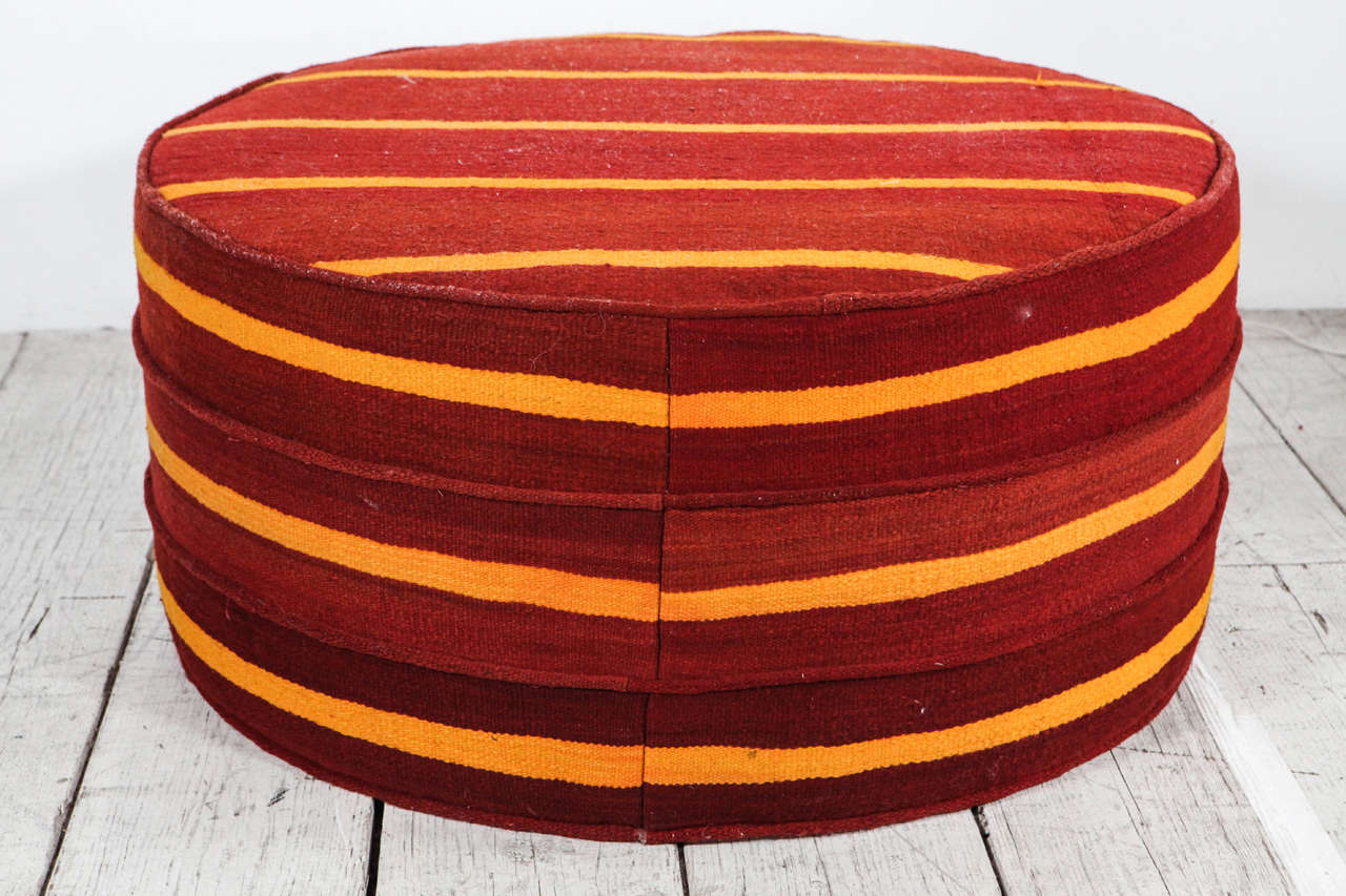 Round Hassock Ottoman Upholstered in Vintage Striped Kilim Rug 3