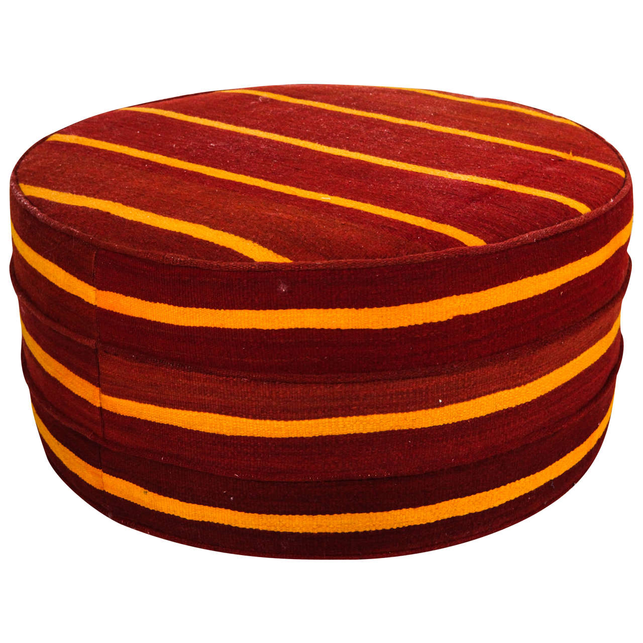 Round Hassock Ottoman Upholstered in Vintage Striped Kilim Rug